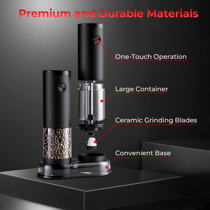 M Buder Electric Salt and Pepper Grinder Set, Automatic Battery Pepper Mill Shakers Adjustable Coarseness Easy Filling with Led, 2 Pack, Black