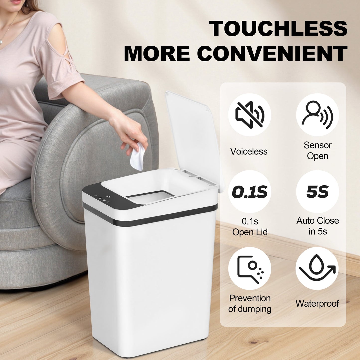 Riousery 4 Gallon Smart Trash Can 2-Pack, Touchless Sensor Bin with Silent Close and Odor Control, White