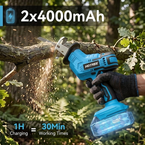 HOTREE Cordless Reciprocating Saw with LED Light, Variable Speed, 2 x 2.0Ah Batteries, Blades Kit for Wood, Metal, PVC Cutting