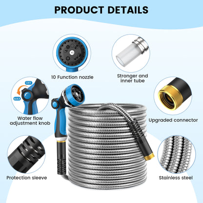 OHHANI Hose, 100 ft x 5/8", Stainless Steel Garden Hose with 10-Function Sprayer, No Kink