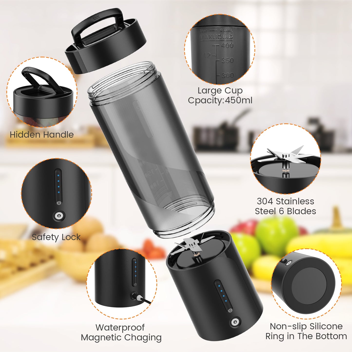 Suodoka 16 oz Personal Portable Blender for Shakes Smoothies, Magnetic USB Rechargeable, Mini Juicer Mixer with Handle Lid, Black