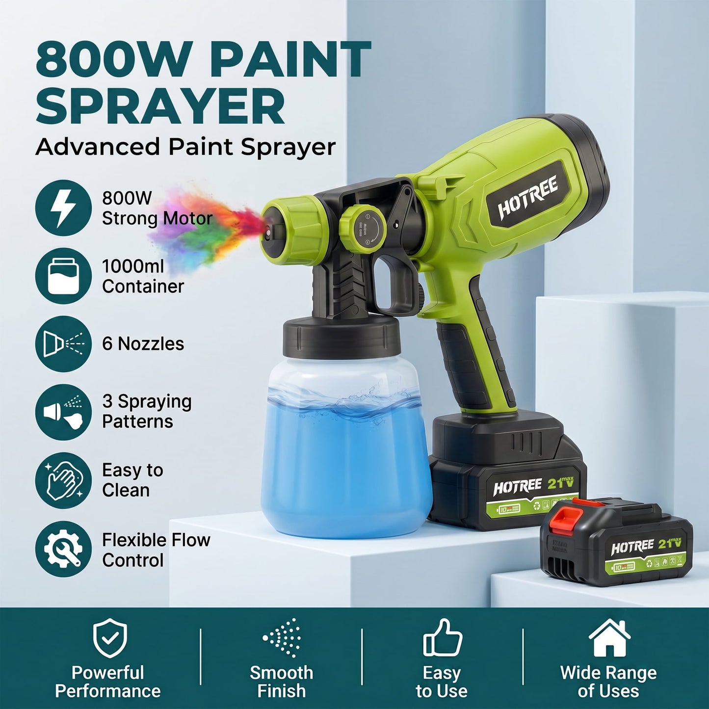 HOTREE 21V Cordless HVLP Paint Sprayer with 2 Batteries, 1000ml, 6 Nozzles for Furniture & Fences