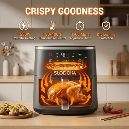 Suodoka 8-in-1 Air Fryer 7QT, 400°F Max, Viewing Window, Preheat & Keep Warm, Shake Reminder, Nonstick Basket