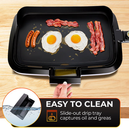 Casualife Electric Griddle with Removable Grease Guard, Adjustable Temp Control, Non-Stick Griddle, 12" x 18", Black
