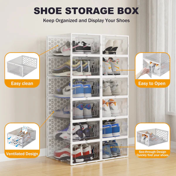 Riousery Shoe Boxes Set of 12, Clear Plastic Stackable Shoe Storage Organizer for Home Closet Entryway, Shoe Containers with Lids