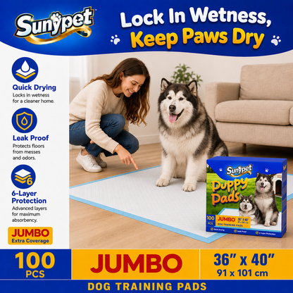 Sunypet Puppy Pads Disposable Dog Potty Training Pads, Quick Dry, Ultra Absorbent,Jumbo 36"x40", 100ct