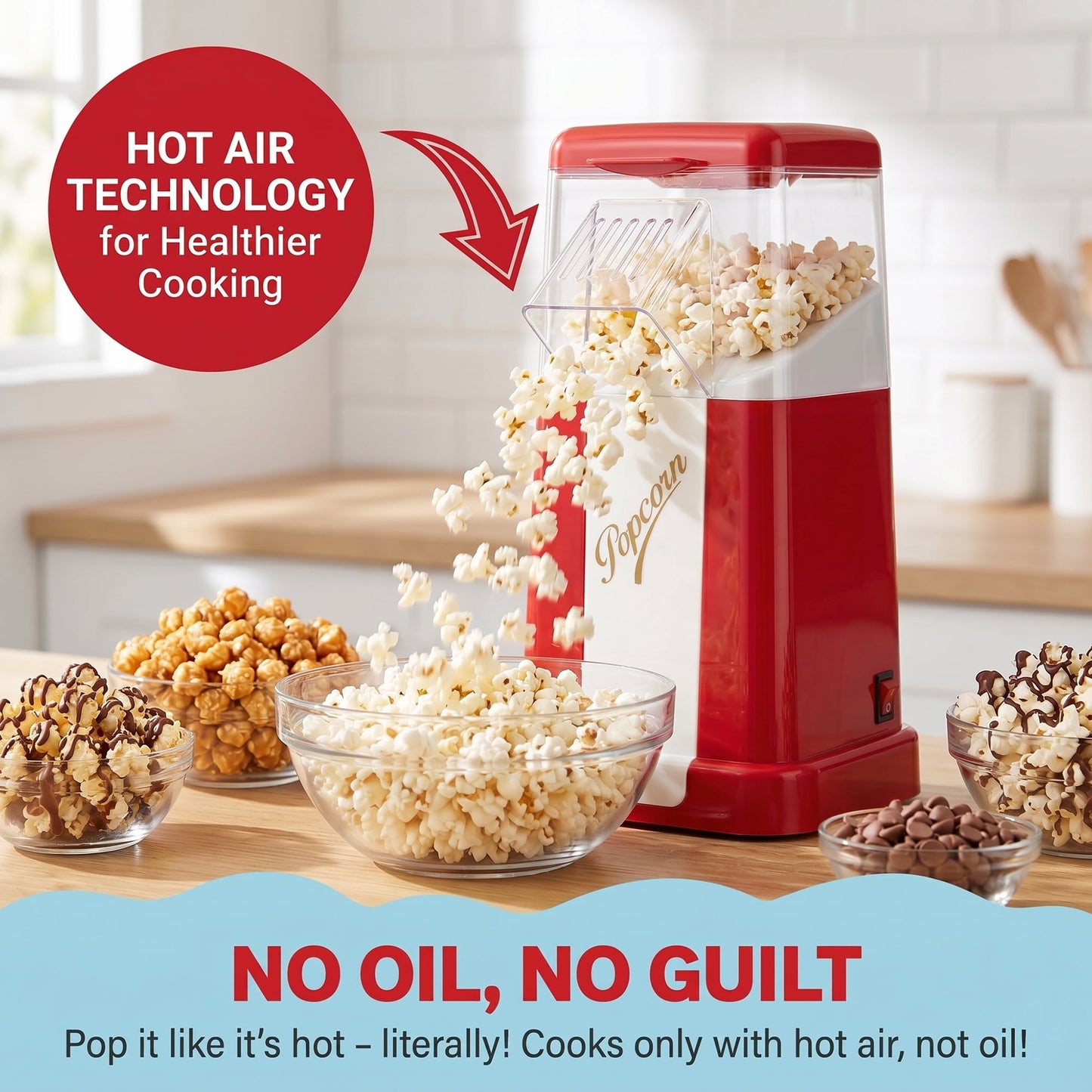 Casualife 1200W Electric Hot Air Popcorn Maker, 8-Cup Capacity Oil-Free Popcorn Popper with One-Key Operation