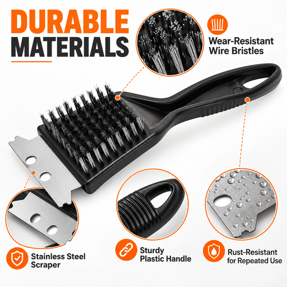 GigBu 8.6" Heavy Duty BBQ Grill Brush and Scraper, Stainless Steel Wire Cleaner, Black/Silver