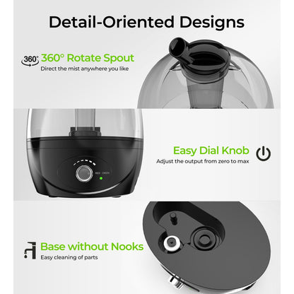 Cool Mist Humidifiers for Bedroom 3 L Water Tank Quiet Ultrasonic Air Vaporizer,Adjustable Mist Level, Black