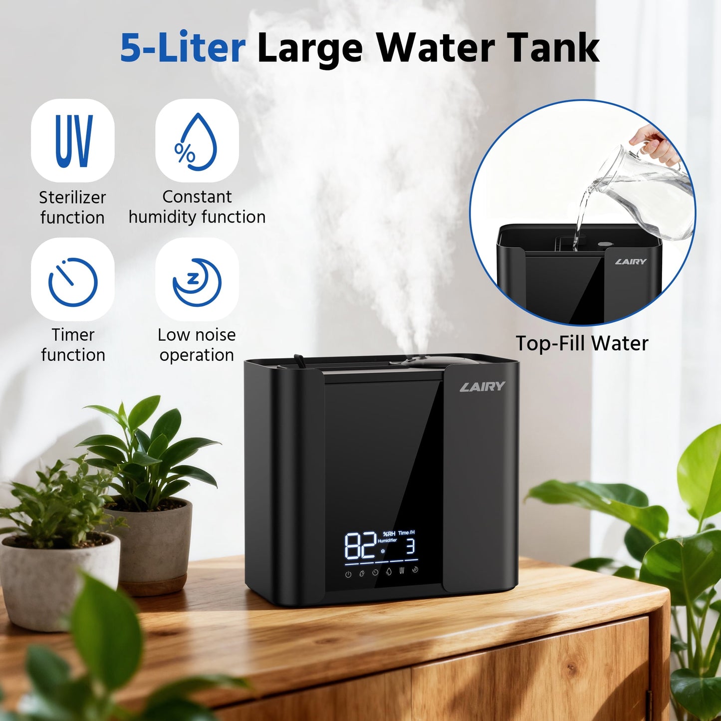 Lairy 5L Humidifiers for Bedroom, Smart Cool Mist for Large Room, 8H Timer Quiet Runtime for Baby, Plant, Black