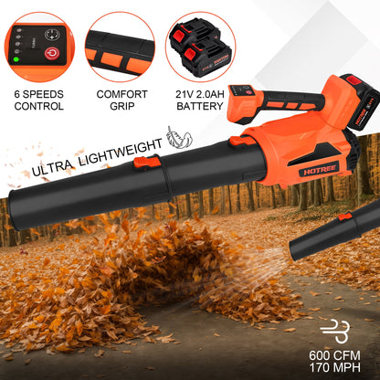 HOTREE Cordless Leaf Blower 600CFM 170MPH, 6 Speed Electric Leaf Blower with 2×2.0Ah Batteries for Lawn, Patio, Yard and Dust Cleaning