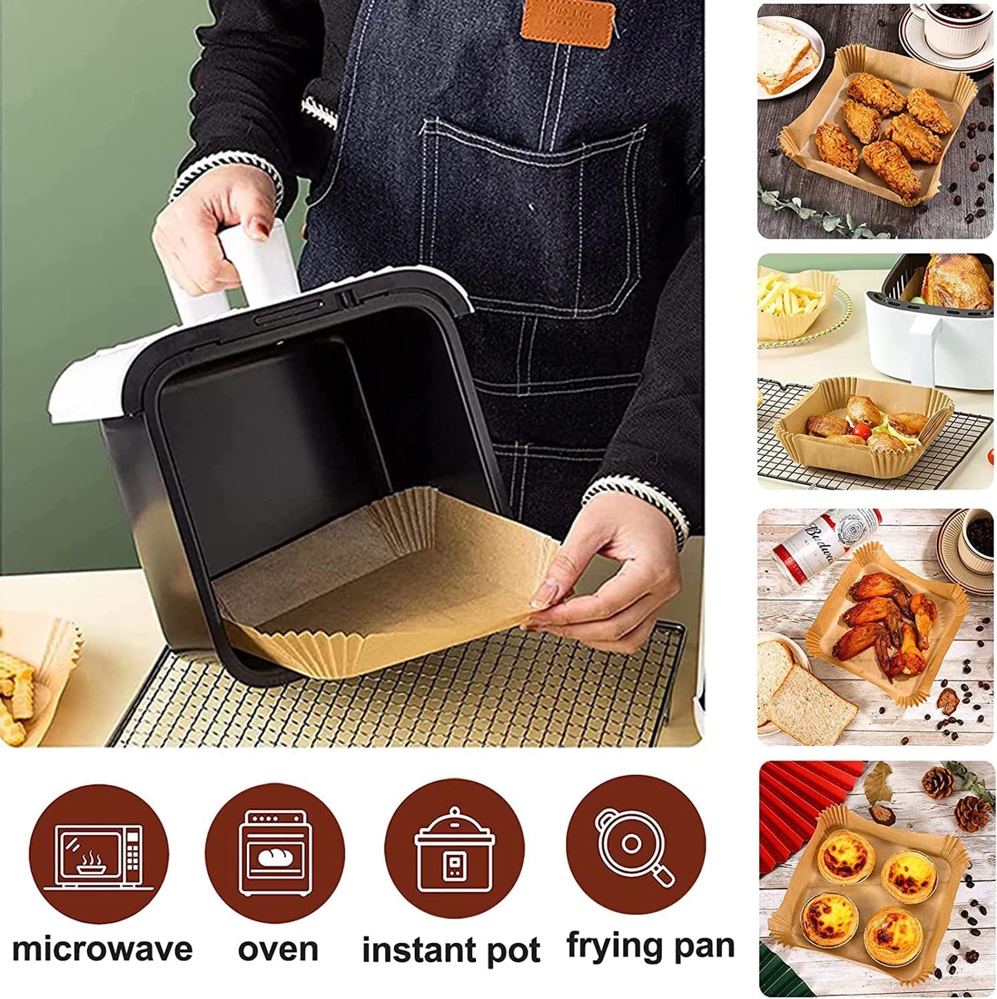 M Buder 125 Pcs Non-Stick and Waterproof Parchment Paper, 6.3-inch Air Fryer Disposable Square Liner, Oil-Proof