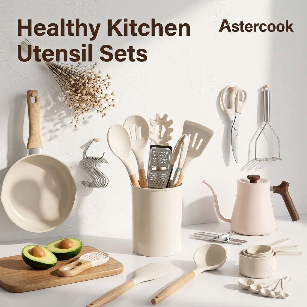 M Buder 42 PCS Silicone Cooking Utensil Sets, Kitchen Utensils Set for Nonstick Cookware, 446°F Heat Resistant Spatula Set, BPA Free Kitchen Gadgets Tools with Holder, Beige