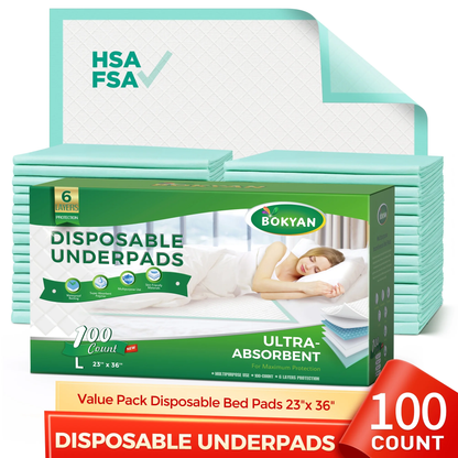 BOKYAN Disposable Underpads 23 x 36, 100 Count Bed Pads for Incontinence Unisex Large Maximum Absorbency Underpad