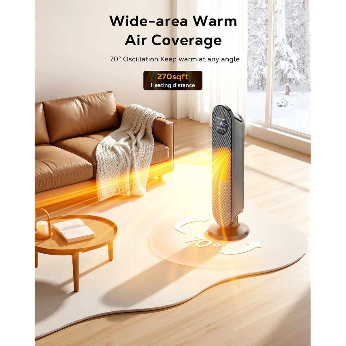 MORSUMA 25" PTC Space Heater, 1500W Ceramic Tower Heater with ECO Mode, Remote Control, 12H Timer, Oscillation, LED Display, Black