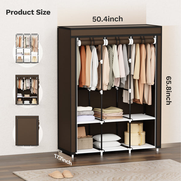Riousery Portable Closet, 51 Inch Wardrobe Closet for Hanging Clothes 6 Storage Organizer Shelves, Brown