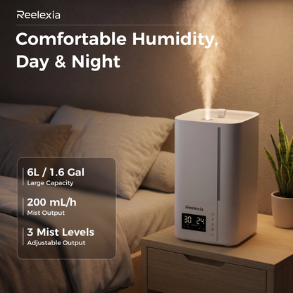 Reelexia 6L Cool Mist Humidifiers for Large Room, Home Ultrasonic Humidifier with Humidistat, Sleep Mode, Night Light, Aroma Tray,White
