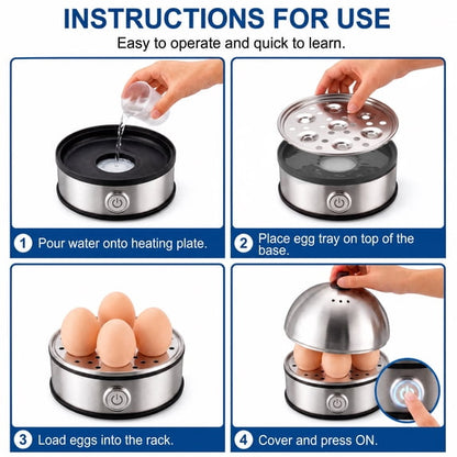CASUALIFE Electric Egg Cooker, 7-Egg Capacity Rapid Maker, Stainless Steel Boiler with Lid and Measuring Cup