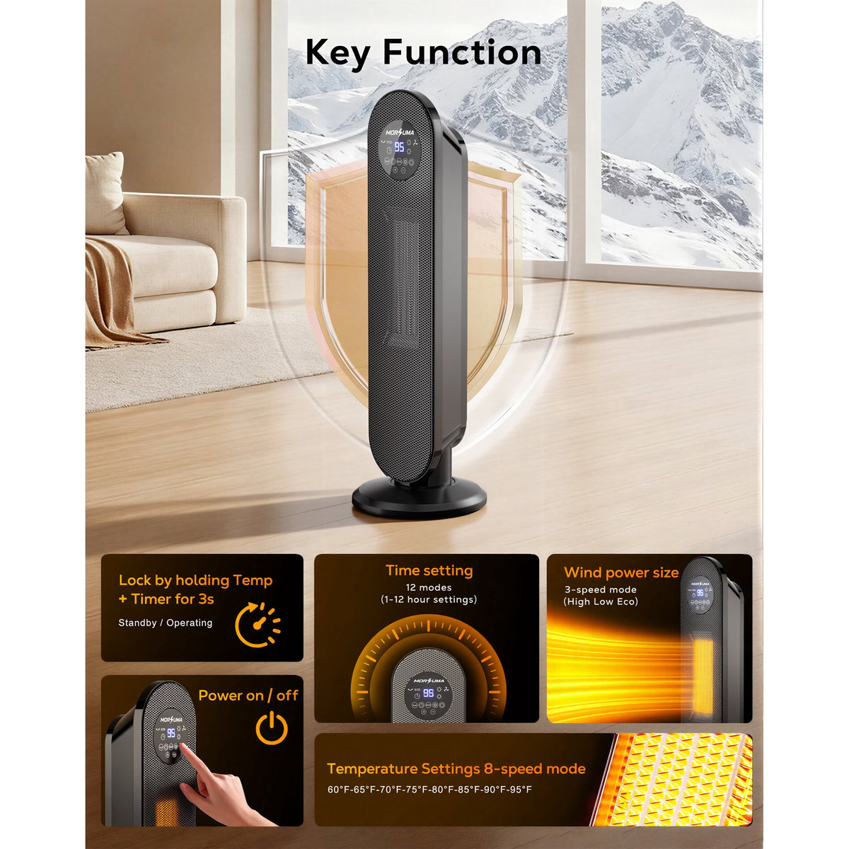 MORSUMA 25" PTC Space Heater, 1500W Ceramic Tower Heater with ECO Mode, Remote Control, 12H Timer, Oscillation, LED Display, Black