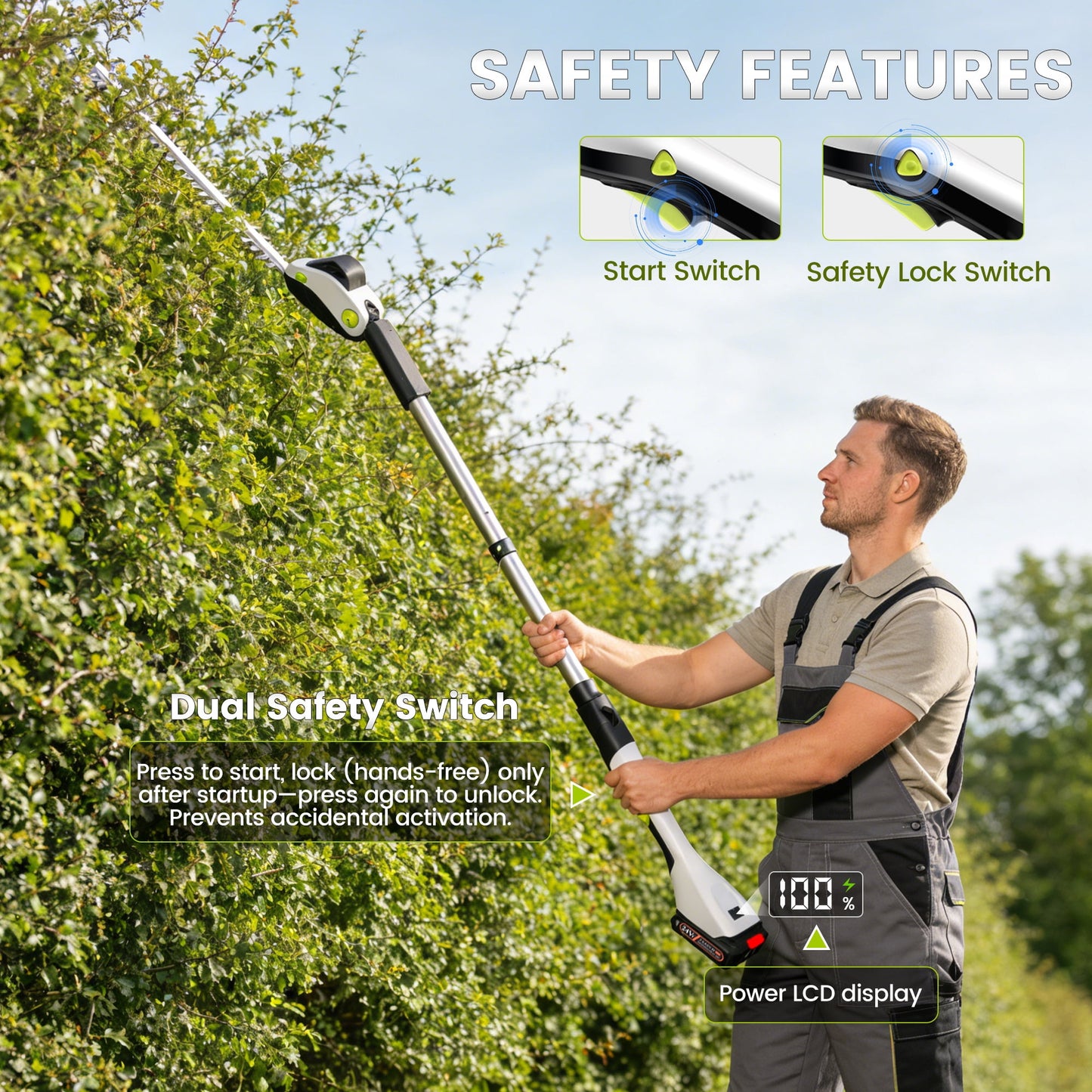 HOTREE 21V Cordless Pole Hedge Trimmer with 2 x 2.0Ah Batteries and Charger, 12ft Reach 3-in-1 Foldable Hedge Shrub Trimmer and Grass Shear ,Grey