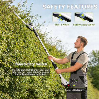 HOTREE 21V Cordless Pole Hedge Trimmer with 2 x 2.0Ah Batteries and Charger, 12ft Reach 3-in-1 Foldable Hedge Shrub Trimmer and Grass Shear ,Grey