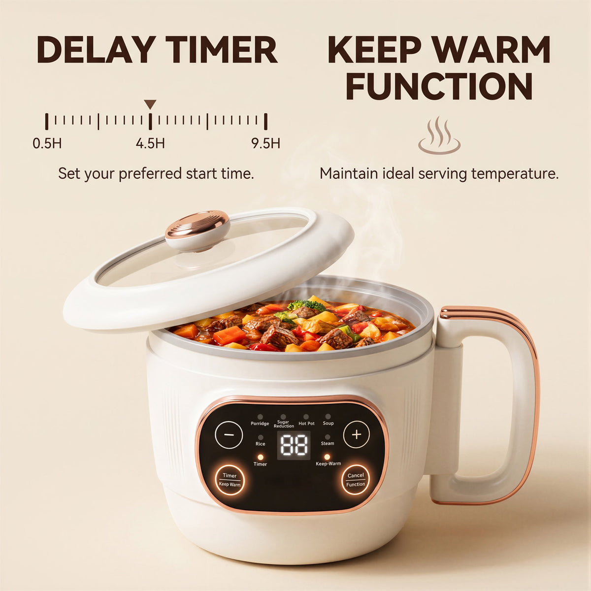 ICETear Portable Electric Cooking Pot with Foldable Handle, Mini Hot Pot & Low Sugar Rice Cooker, Titanium Non-Stick Inner Pot, 6 Smart Menus, Off-White