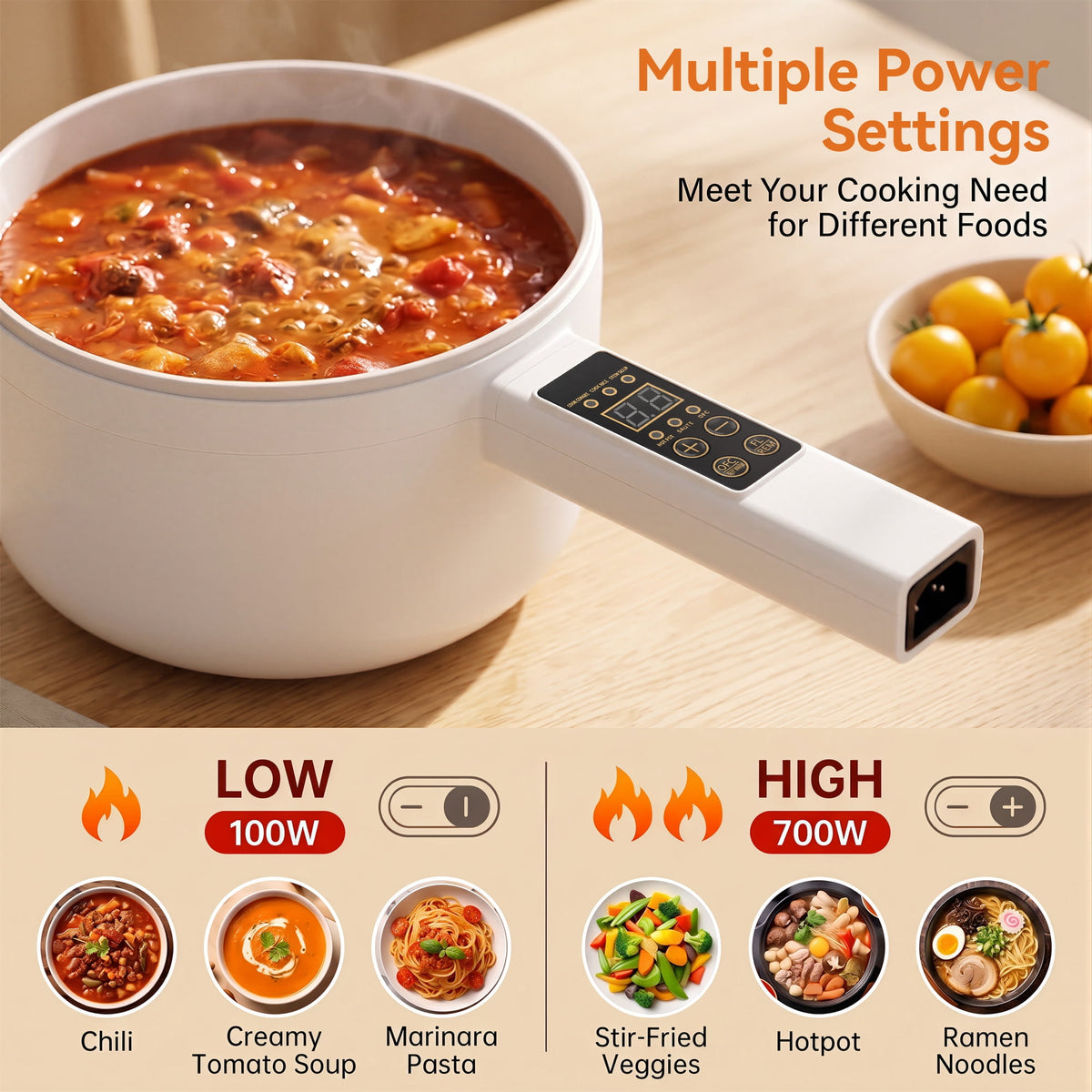 Suodoka Electric Hot Pot, Smart Non-Stick Ceramic Cooking Pot with Long Handle, 5 Modes, LED Touch Screen and 9.5H Timer, White