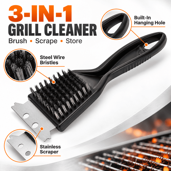 GigBu 8.6" Heavy Duty BBQ Grill Brush and Scraper, Stainless Steel Wire Cleaner, Black/Silver