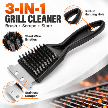 GigBu 8.6" Heavy Duty BBQ Grill Brush and Scraper, Stainless Steel Wire Cleaner, Black/Silver