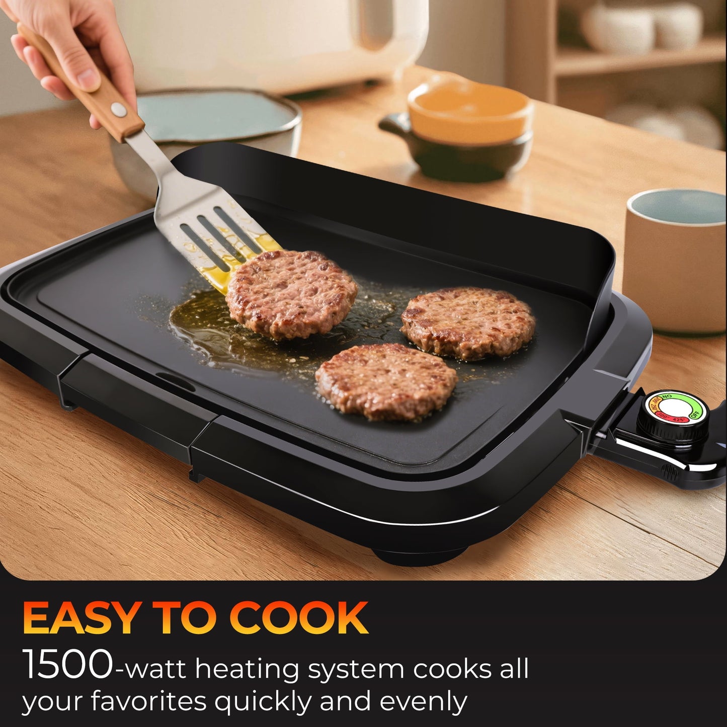 Casualife Electric Griddle with Removable Grease Guard, Adjustable Temp Control, Non-Stick Griddle, 12" x 18", Black