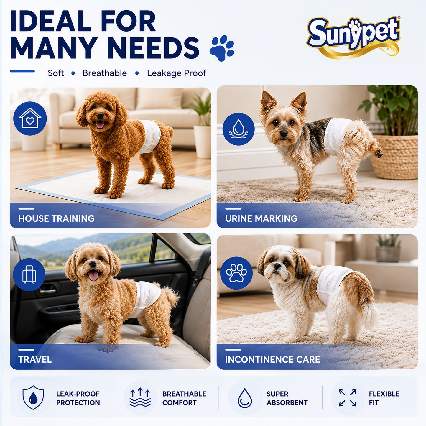 Sunypet Disposable Male Dog Wraps with Stretchy Waistband, Small, 100 Count – Leak-Resistant & Absorbent for Training, Travel, Excitable Urination