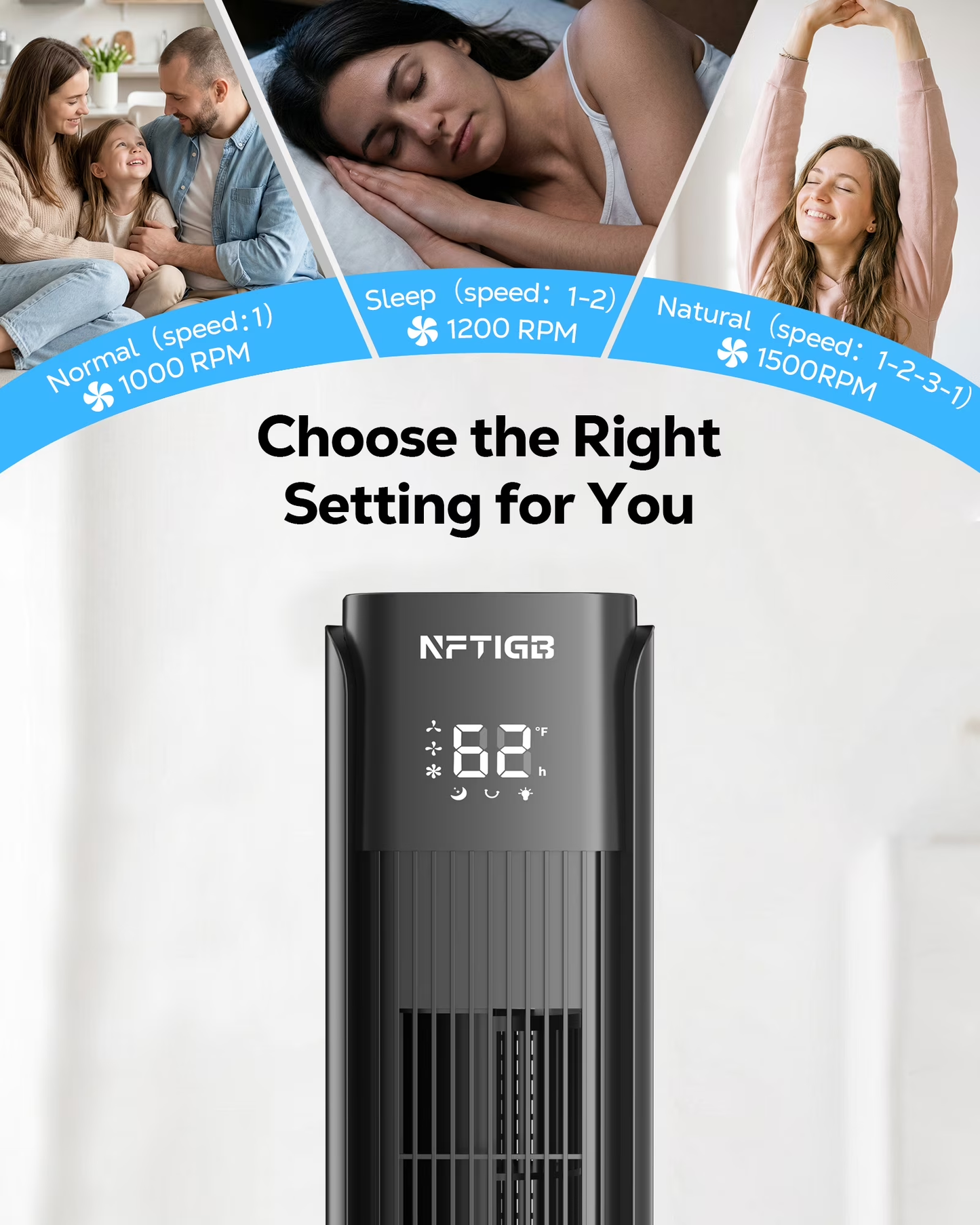 NFTIGB 36-Inch Tower Fan Quiet Oscillating Floor Fan with 3 Speeds, 3 Modes, 12H Timer, Bladeless Standing Fan for Home, Black