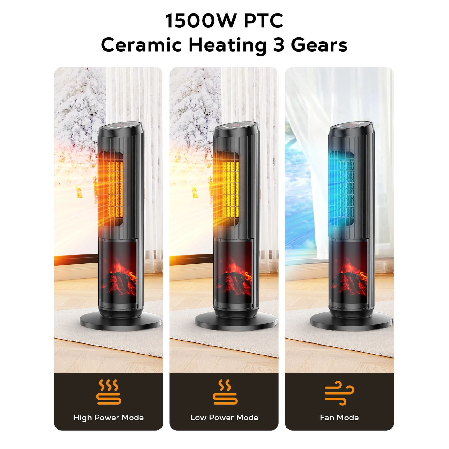 NFTIGB 24 inch Space Heater, 1500W Quiet Oscillating Ceramic Heater for Large Room, PTC Electric Heater with Realistic 3D Flame Effect, Remote Control, Thermostat, for Office, Bedroom, Indoor Use