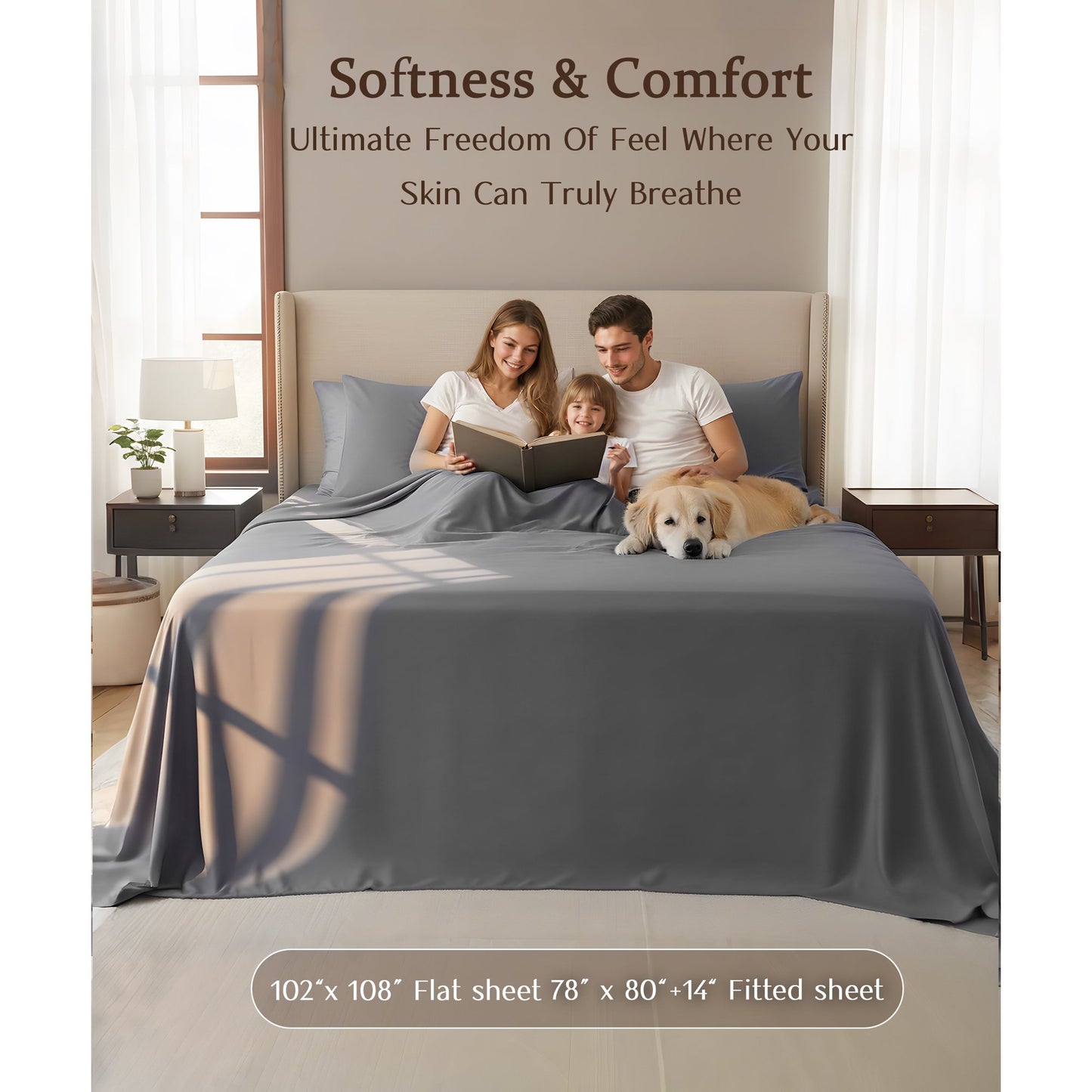 YGXNEWER King Size 4 Piece Sheet Set, Comfy Breathable Cooling Bed Sheets Set, Hotel Luxury Bedding, Deep Pockets, Ultra-Soft, Wrinkle Free, Grey