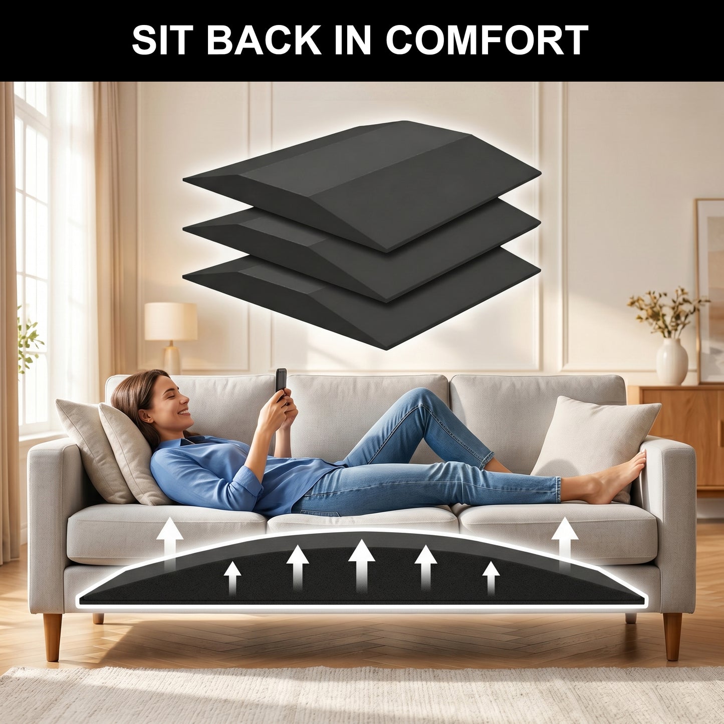 Riousery Sofa Cushion Support, 20" x 20" Sagging Seat Support Insert, 50D High-Density Foam, Black Curved Cushion Saver, 3 Pack
