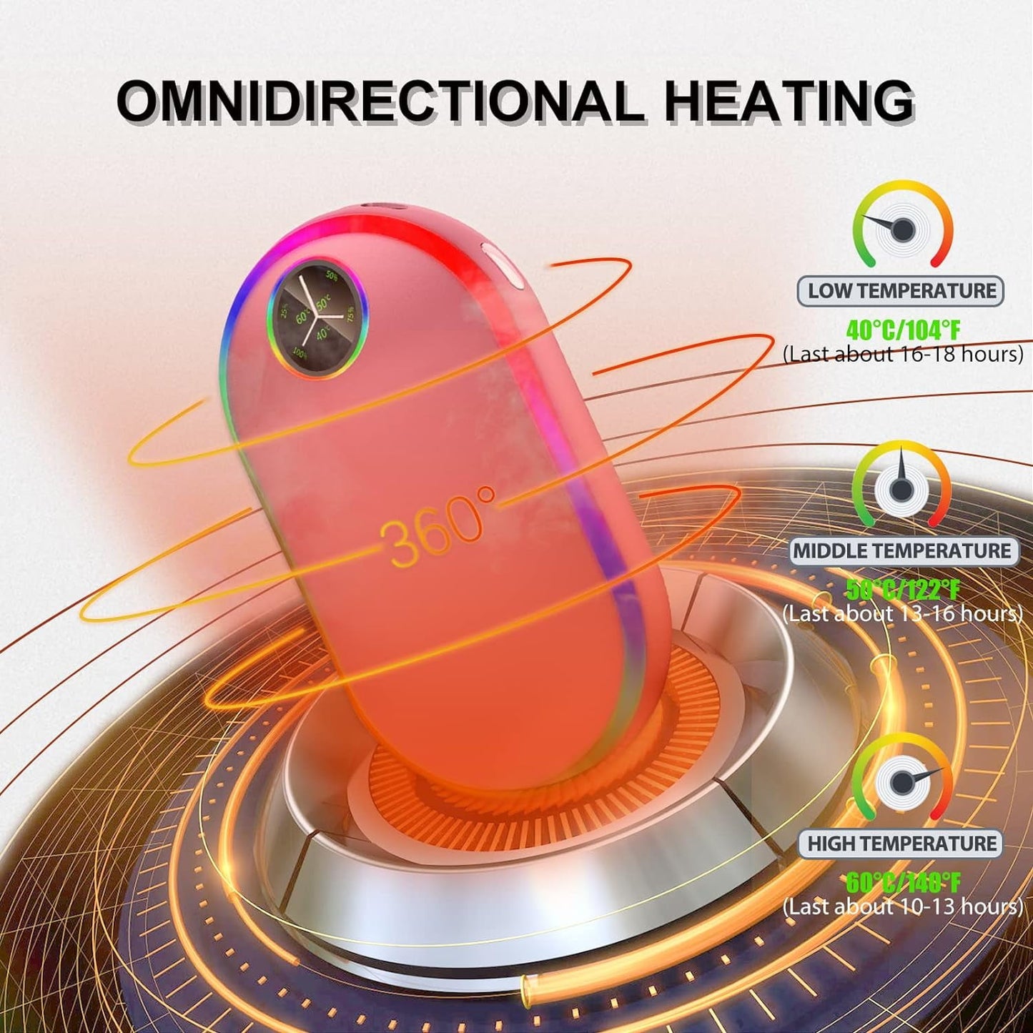 Madala Hand Warmers Rechargeable, 7 Changing Colors Lights Electric Hand Warmers 10000Mah, Electric Portable Pocket Heater, Hunting, Camping- Rose Gold