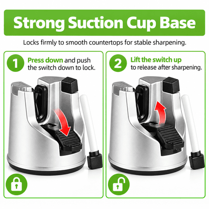 GigBu 3-in-1 Kitchen Knife Sharpener with Suction Cup Base, Manual Sharpening Tool for Straight & Serrated Knives and Scissors, Silver/Black