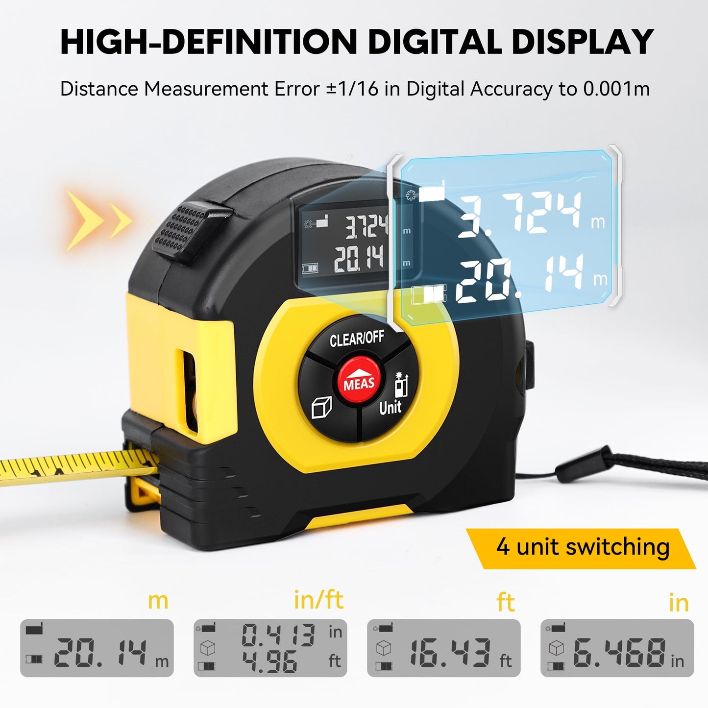 YAHHU 2-in-1 Laser Tape Measure, 196 ft/60m, Metric & US Units, LCD Display