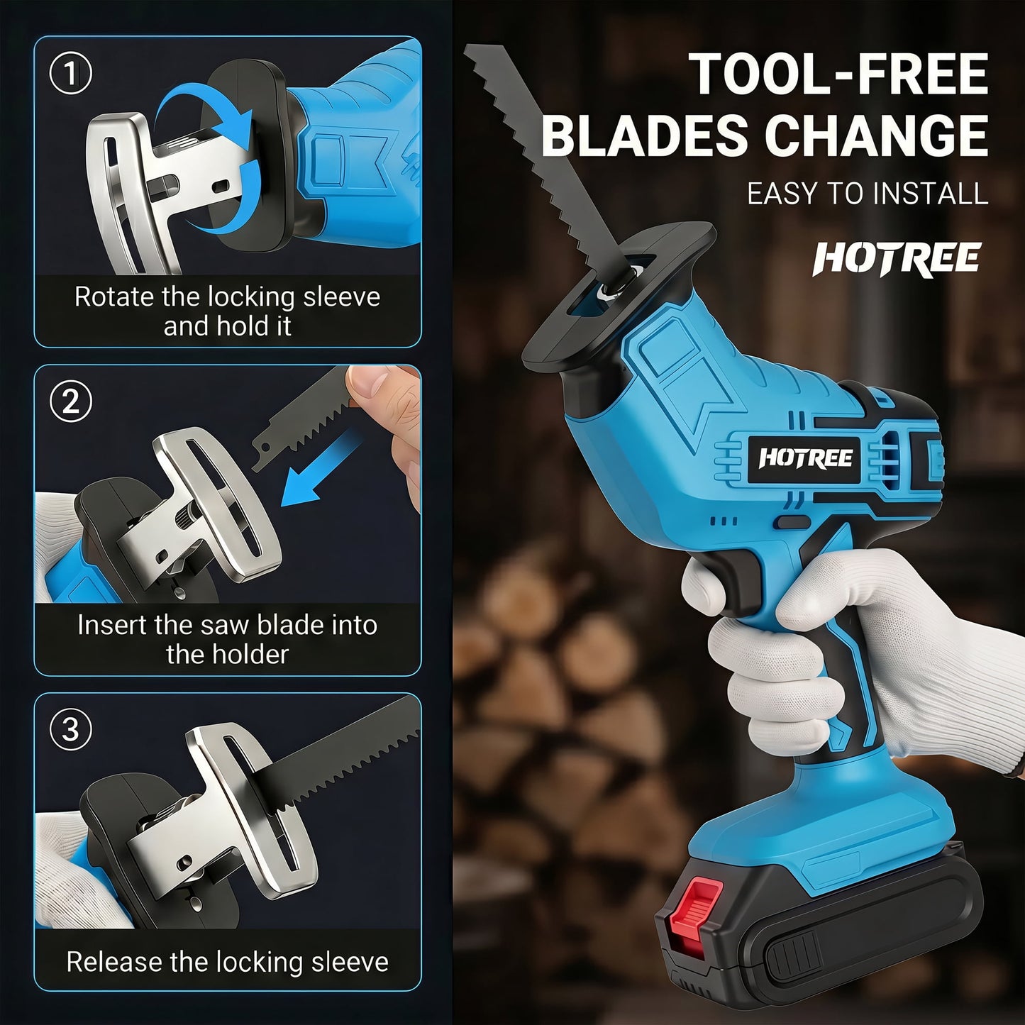 HOTREE Cordless Reciprocating Saw with LED Light, Variable Speed, 2 x 2.0Ah Batteries, Blades Kit for Wood, Metal, PVC Cutting