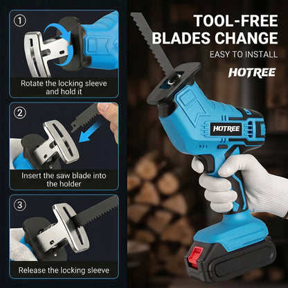 HOTREE Cordless Reciprocating Saw with LED Light, Variable Speed, 2 x 2.0Ah Batteries, Blades Kit for Wood, Metal, PVC Cutting