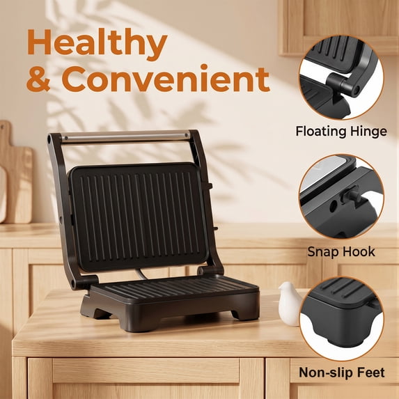 Casualife Electric Panini Press Grill, 180° Opening Non-Stick Sandwich Maker, 2-Slice Grill Press for Burgers, Steaks, Bacon, Breakfast Sandwiches