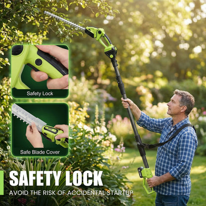 HOTREE 21V Cordless Pole Hedge Trimmer, 3-in-1 with 6 in Pole Saw & Branch Saw Attachment, 2.0Ah Battery & Charger, 16 ft Reach