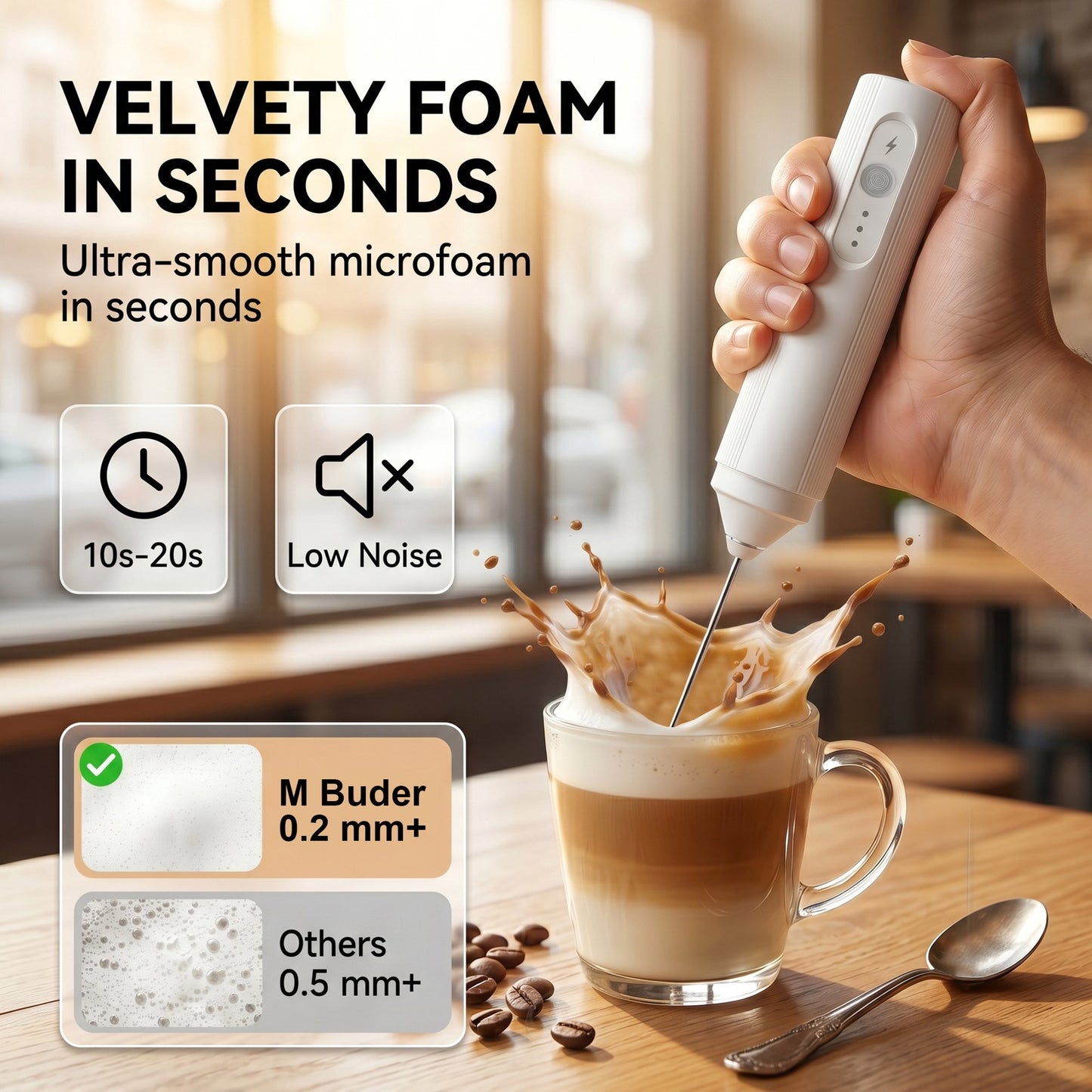 M Buder Milk Frother, Handheld Foam Maker and Electric 3 Speed Rechargeable Coffee Frother Wand, White