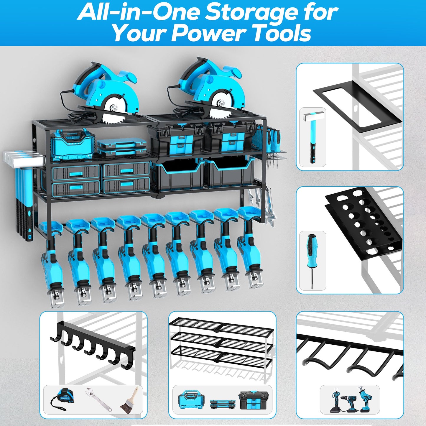 Riousery Heavy Duty Power Tool Organizer Wall Mount, 8 Drill Holder Rack with Hooks, 4-Tier Tool Storage Shelf with 350Lbs Load Capacity, Garage Tool Rack for Workshop Shed Pegboard Wall
