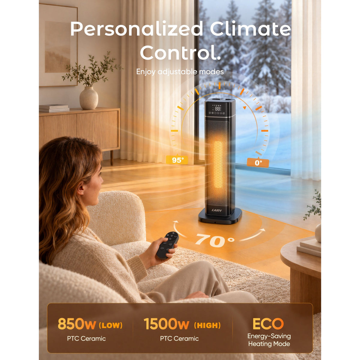 Lairy 24inch 1500W Space Heater for Indoor Use, Electric Ceramic Tower Heaters with Thermostat,3 Modes, Eco, Night Light, Black