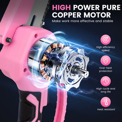 YAHHU 6 inch Lovely Pink Mini Chainsaw, Portable Handheld Electric Cordless Chainsaw,21V Battery,New