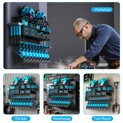 Riousery Heavy Duty Power Tool Organizer Wall Mount, 8 Drill Holder Rack with Hooks, 4-Tier Tool Storage Shelf with 350Lbs Load Capacity, Garage Tool Rack for Workshop Shed Pegboard Wall