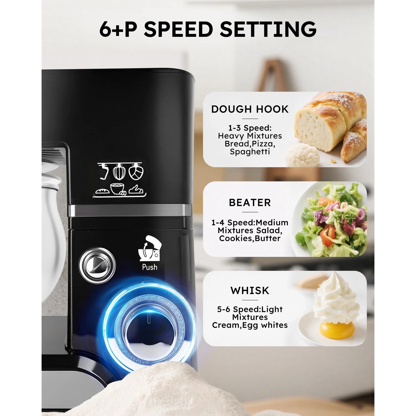 Casualife Stand Mixer,6.5-QT 6-Speed Tilt-Head Food Mixer, Kitchen Electric Mixer with Dough Hook, Wire Whip & Beater