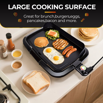 Casualife Electric Griddle with Removable Grease Guard, Adjustable Temp Control, Non-Stick Griddle, 12" x 18", Black