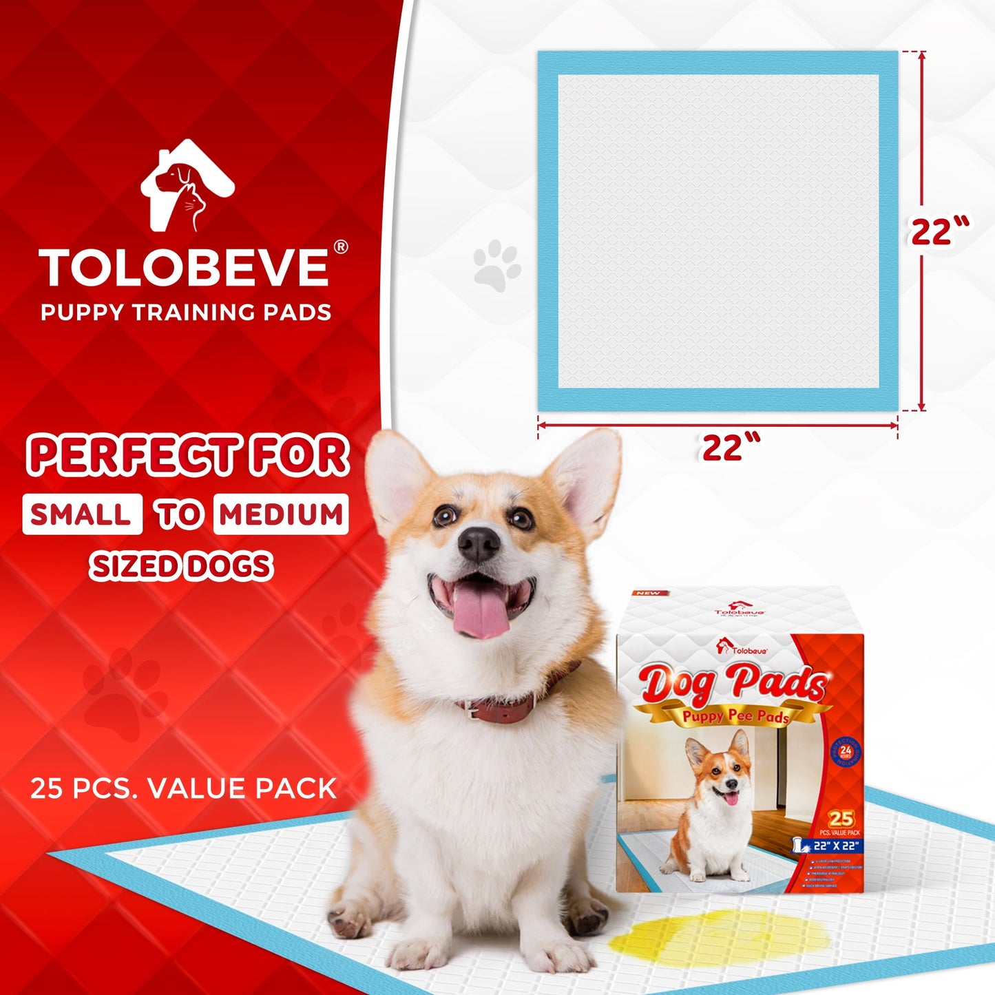Tolobeve Puppy Pads Training Pads, Large, 22 in x 22 in, 25 Count Disposable Dog Pee Pet Pads